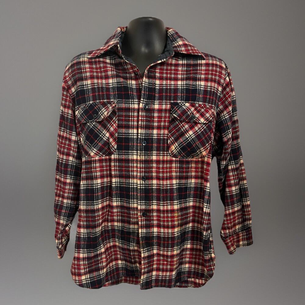 Vintage 60s-70s Pendleton Wool Shirt Plaid Blue Red Cream USA Button Up L